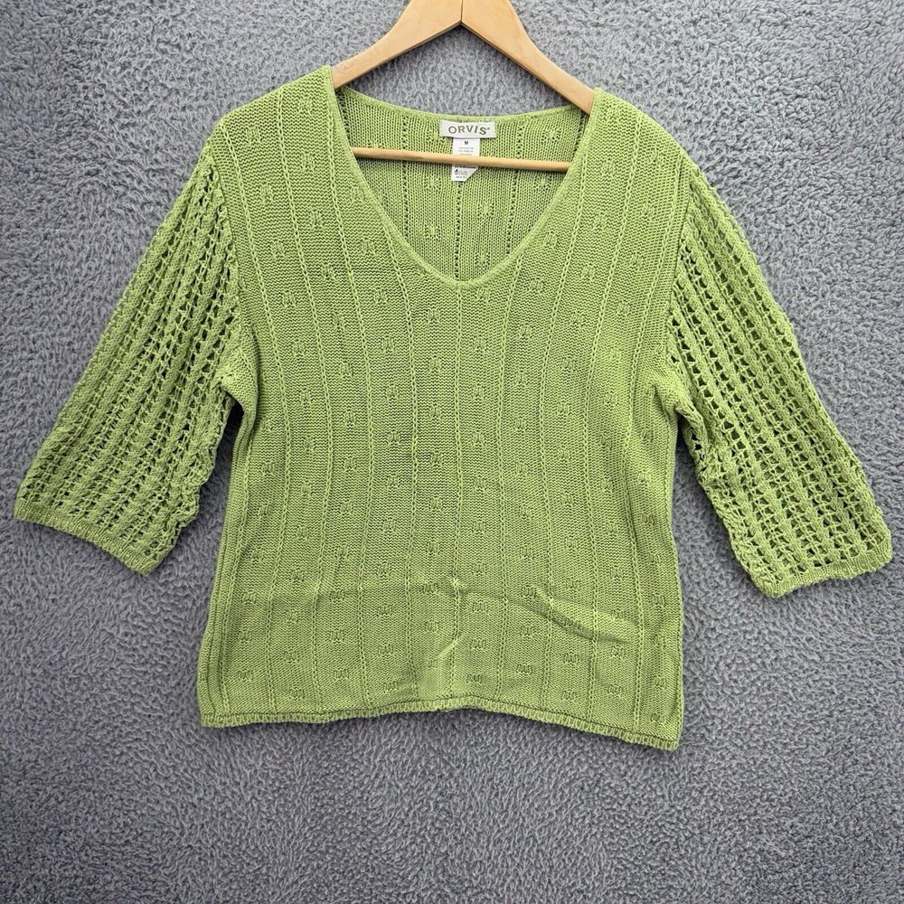 Orvis Sweater Womens Medium Green V-Neck 3/4 Sleeve Boxy Relaxed Crochet Sleeve